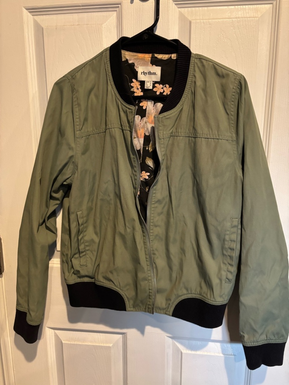 Rhythm. Olive Green Bomber Jacket with Floral Lining
